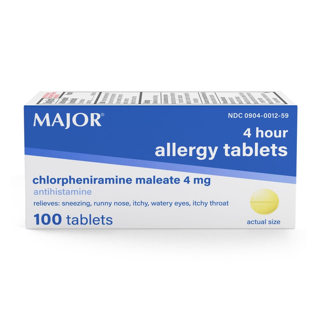 MAJOR 4 Mg Alergické tablety - Chlórfeniramín Maleát 4-hodinová alergia - Antihistaminikum na zmiernenie sipotu, svrbenie vodnaté oči, svrbenie hrdla, a Runny Nose - 100 Počet (1 balenie)