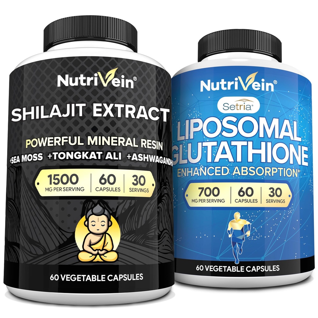 Nutrivein Premium Shilajit Kapsule & Lipozomálne Glutatión Supplement Bundle: Vysokoaboratórne Glutatión Lipozomálne & Shilajit Kapsule pre mužov a ženy - Pečeň, Detox, & Vitality
