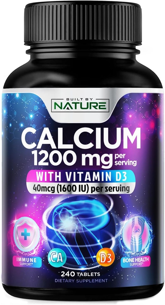 Vápnik 1200 mg s vitamínom D3 pre najlepšiu absorpciu - Advanced Bone Suplement, 1200 mg uhličitan vápenatý & 1600 IU Vitamín D3, pomalé uvoľňovanie pre imunitnú podporu, jednoduché prehltnutie, 240 tabliet