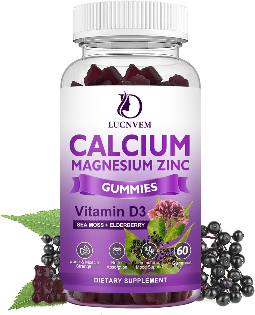 Cukor bez vápnika Magnézium Zinok Gumies s bazy a mora machy, horčík 2:1, horčík Glycinát, draslík a vitamín D3 pre kosti, svalovina, Pokojná nálada a podpora spánku, 60 Gumies