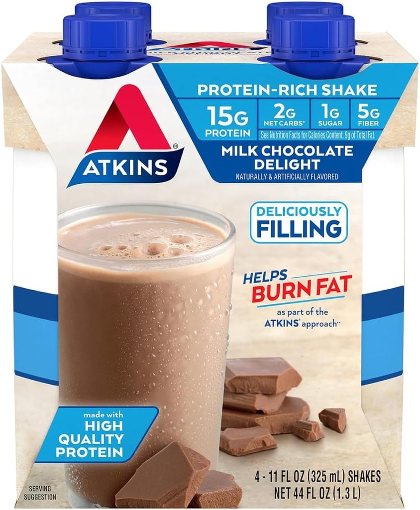 Atkins Milk Chocolate Delight Protein Shake, 15g Protein, Low Glycemic, 2g Net Carb, 1g Cukor, Keto Friendly, 4 gróf