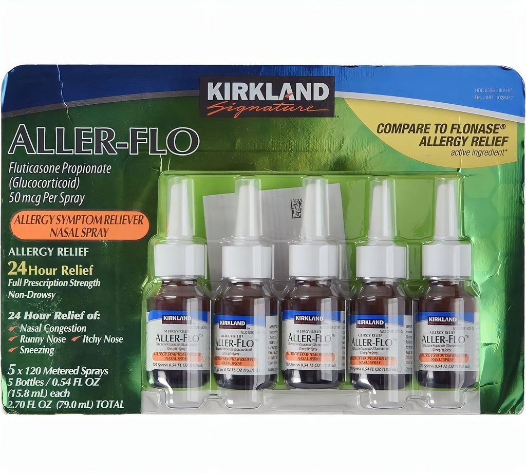 KIRKLAND Signature Aller-Flo Fluticasone Propionát (Glukortikoid) 5 fliaš x 120 Meterovaných sprejov 0,54 Fl OZ na fľašu (15,8 ml x 5) 2,70 OZ celkom (79 ml) 600 celkových sprejov celkom, 1-Pack