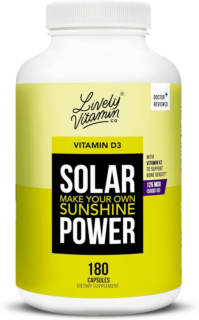 VITAMÍN CO. Solárna energia Vitamín D3 5000 iu - Patentovaný vitamín K - MK7 - Imunitná rovnováha - Funkcia mozgu - Mood - Heart - Stres - 180 Počet