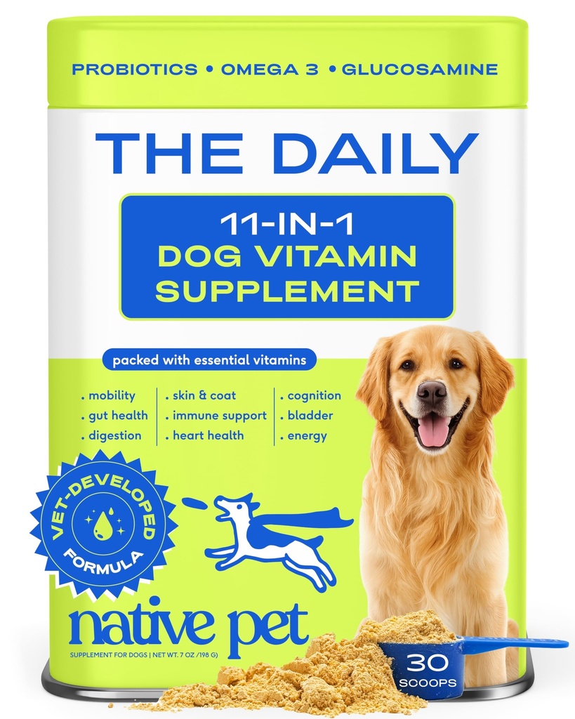 Native Pet Pes Vitamíny a doplnky - 11-v-1 Multivitamínový prášok pre psy Topper - Kolagén, glukozamín, probiotiká, Omega a viac- podporuje zdravé Gut, Mobilita a celkové zdravie -30 Scoops