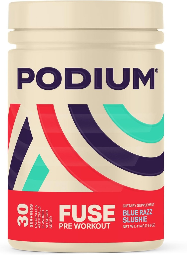 Podium Nutrition, Fuse Pre Cvičenie Powder, Blue Razz Slushie, 30 Slúži, Beta Alanyne a kofeín pre energiu, Gluten Free, Soy Free, Dairy Free