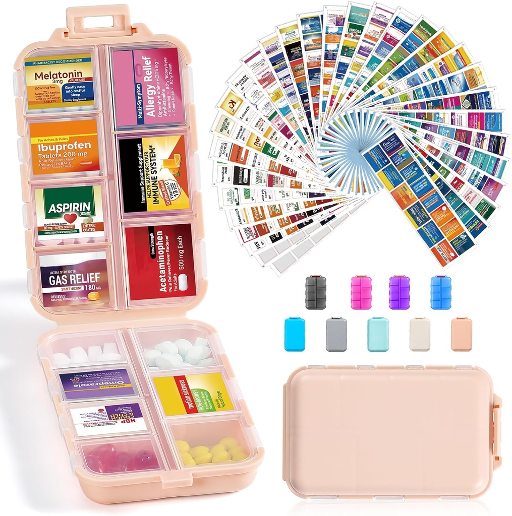 14 Grids Travel pilulky Organizátor Box s 415-Pcs Názov lieku Etikety - Pocket Daily Pharmacy Case Kontajnerová súprava - Travel Medical Holder Dispenser for Fish Oil Vitamín Supplement Storage - Ružová