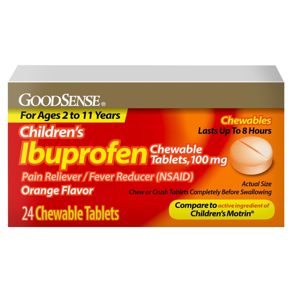 GoodSense Detské Ibuprofen Žuvacie tablety, 100 mg, 24 gróf, Odumieranie bolesti a zníženie horúčky (NSAID), Dočasne znižuje horúčku a zmierňuje menšie bolesti a bolesti