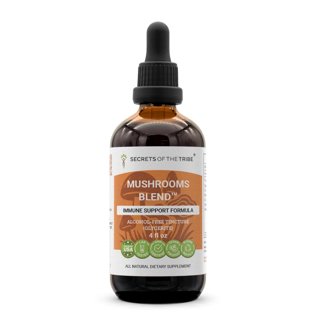 Tajomstvá húb Tribe Blend bez alkoholu, Glycerite Chaga, Shiitake, Maitake, Cordyceps, Reishi Mushroom. Tinktúra, bylinný extrakt imunitnej podpory Formula 4 OZ