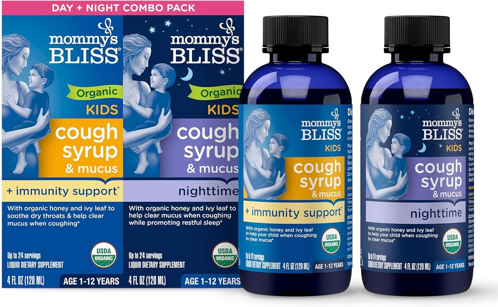 Mamina Bliss Organic Cough Sirup & Mucus pre deti, deň a noc Combo balenie s vitamínom C a Imunity podpora, obsahuje organické med a Ivy Leaf, 4 Fl Oz (Stock of 2)
