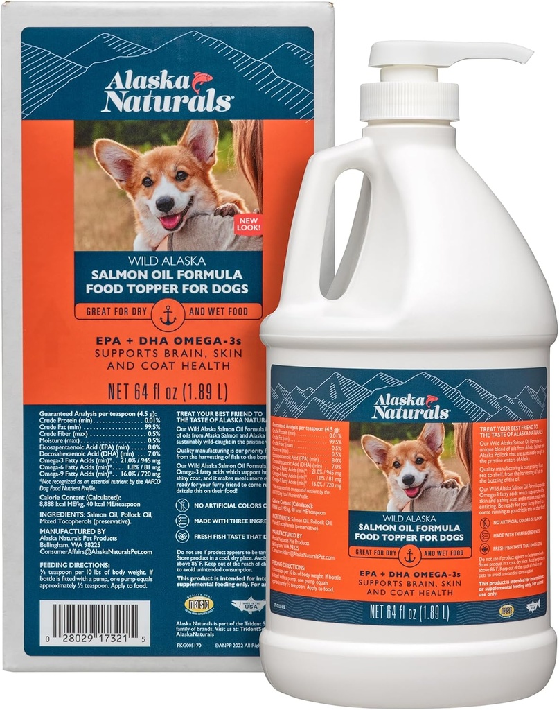 Aljaška Naturals Wild Aljašský losos rybí olej Supplement for Dogs Skin and Coat with EPA DHA Omega 3 Mastné kyseliny Tekuté Food Topper 64 oz. Čerpadlo