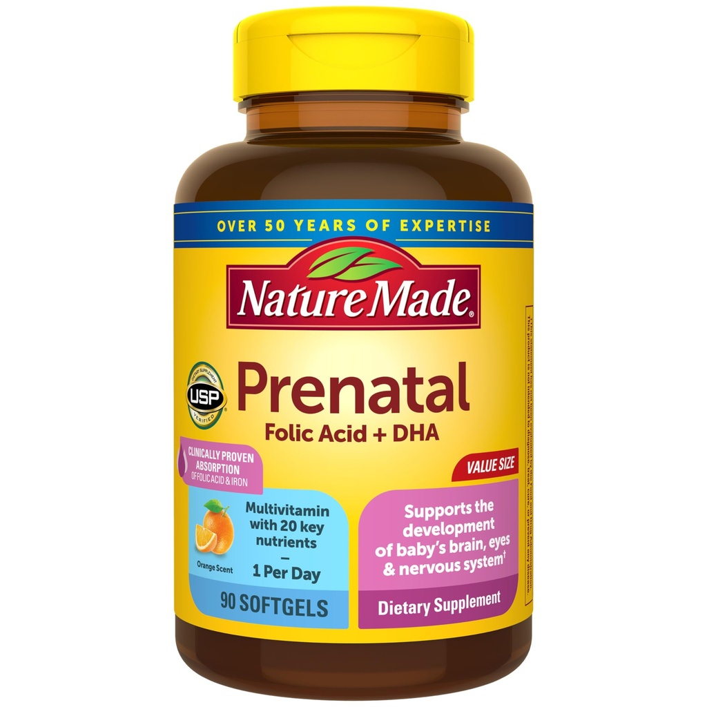 Prírodné prenatálne s kyselinou listovou + DHA, prenatálne vitamíny a minerály doplnok pre denné nutričné podporu, 90 Softgels, 90 dní