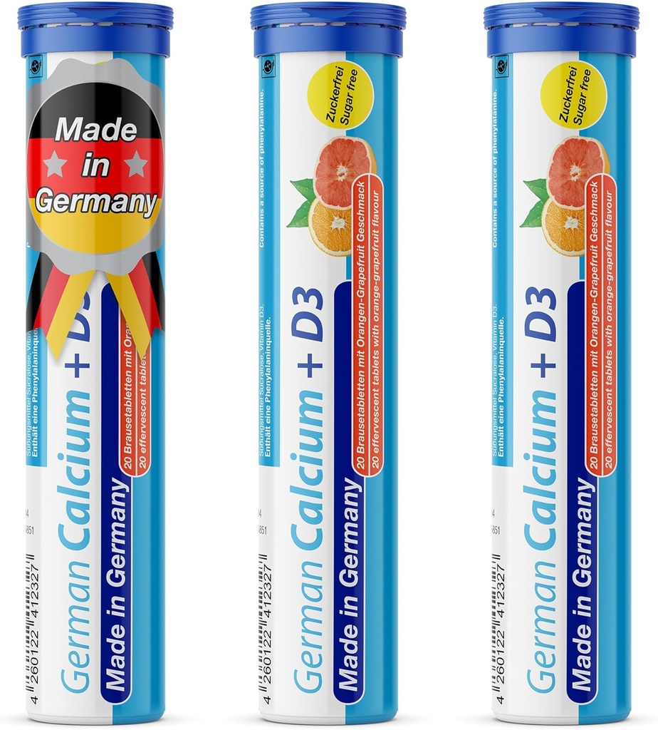 Nemecký vápnik + vitamín D Nápoj šumivé tablety 60 Podáva pomaranč-Grapefruit Chuť - 500 mg Vápnik, 2,5 μg Vitamín D3 - T&D Pharma Vyrobené v Nemecku