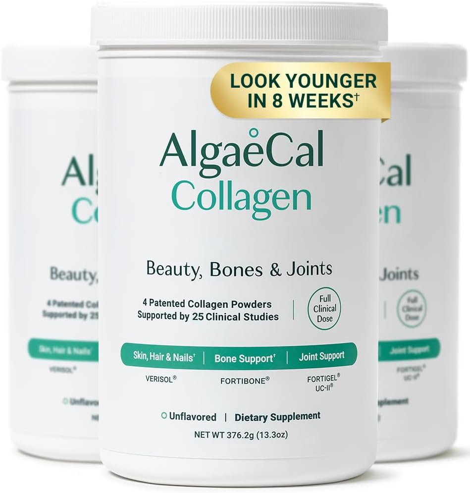 ALGAECAL Collagen - 4 Klinicky podporované Peptidy VERISOL®, FORTIGEL®, UC-II®, FORTIBONE®, Anti-Aging Hydrolyzed Collagen Powder, 3 balenia, Made in USA