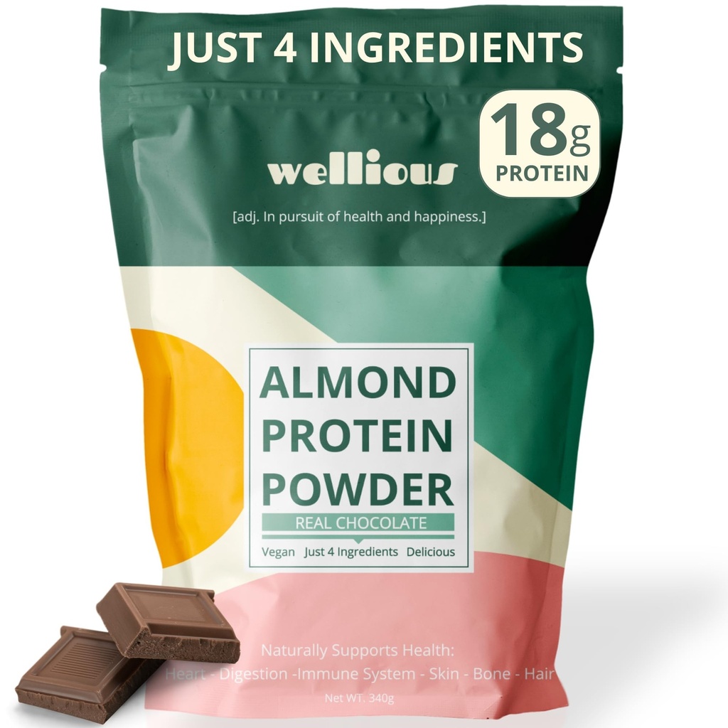 wellious mandľový proteínový prášok (Cocolate) - 18 Grams of Pure Healthiest Vegan Protein for Women & Men - Perfect Gluten-free, Soy-free & Smooth Gut Friendly Protein Powder for Sports Nutrition