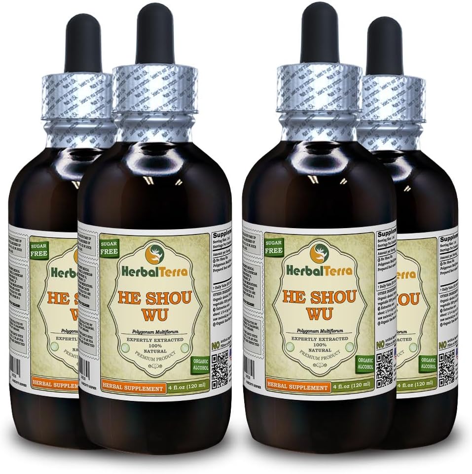 He Shou Wu, Fo Ti (Polygonum Multiflorum) Tinktúra, Organicky sušený pripravený koreňový tekutý extrakt (meno brada: bylinný temer, hrdo vyrobený v USA) 4x4 fl.oz (4x120 ml)