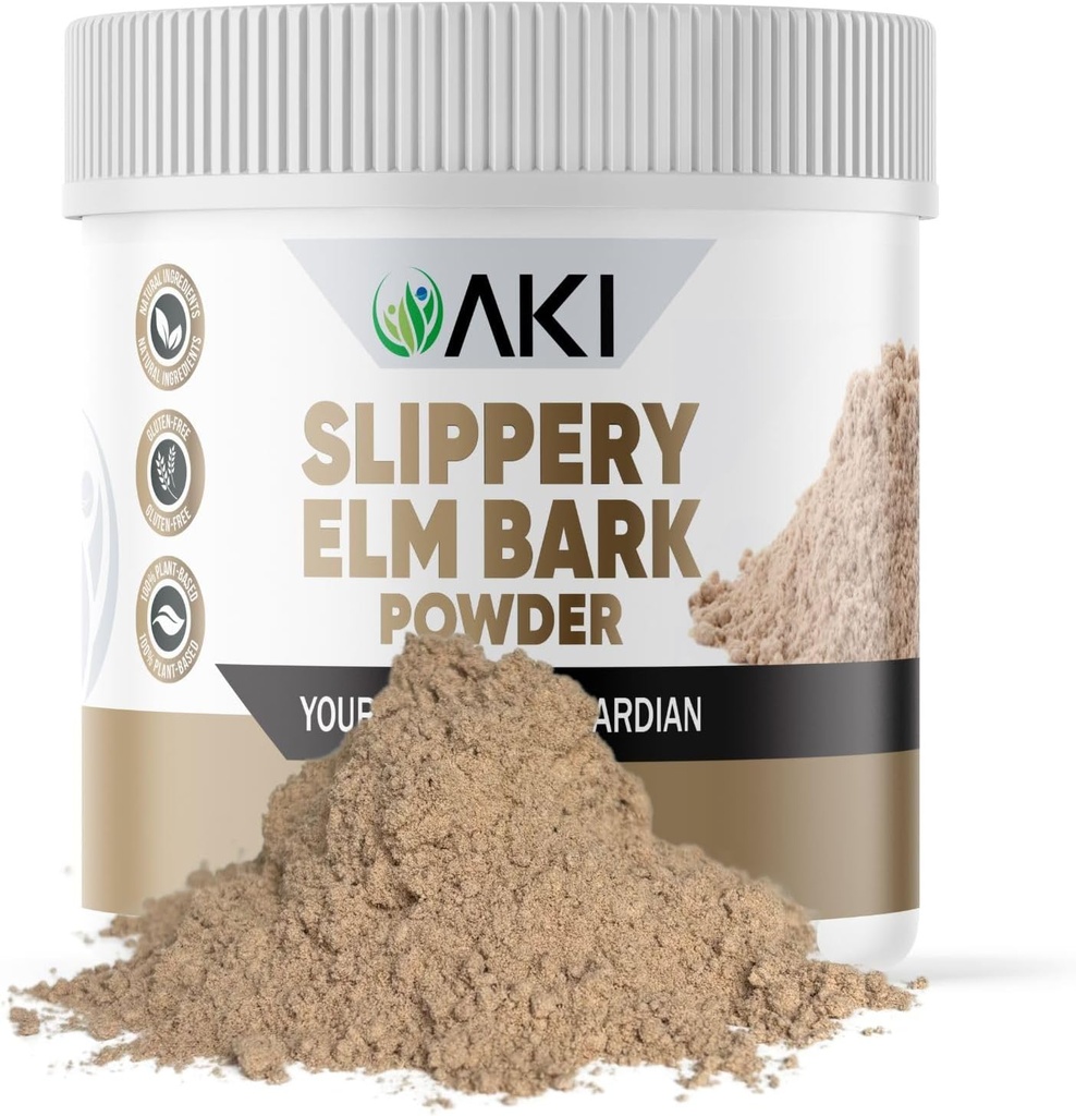 AKI Slippery Elm Bark Powder - Plant-Based Protein, Ukľudňujúce Remedy pre tráviace wellness & Throat Comfort - Vegan-Friendly, Gluten-free, non-GMO & bez umelých prísad (4oz/113g)