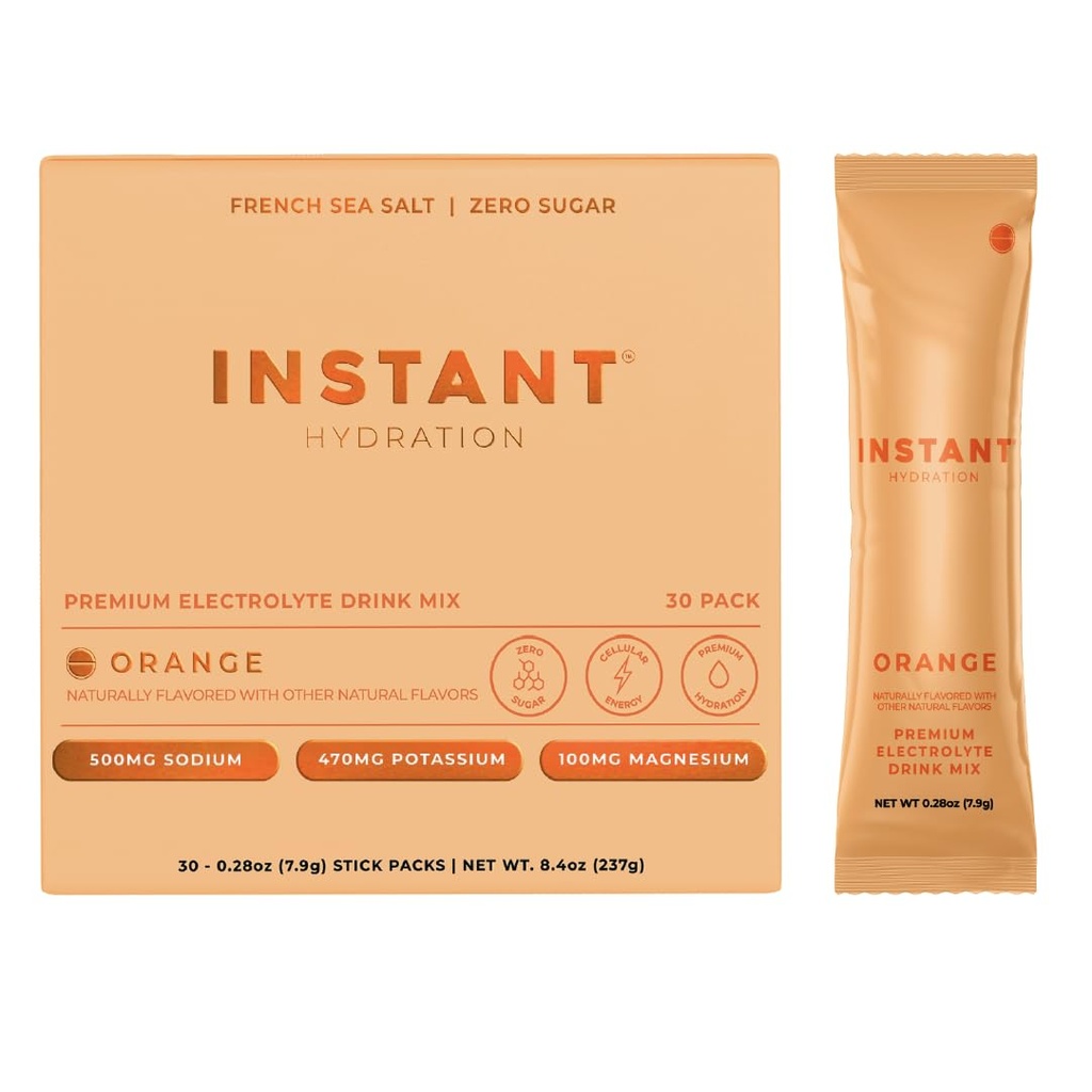 Instant Hydration Electrolytes Powder Pakets - Citrus Orange Drink Mix - Zero Sugar - Keto, Vegan, Gluten-Free, Non-GMO - Boost Recovery, zdravie mozgu, Podpora svalov a tkanív- 30 Sticks