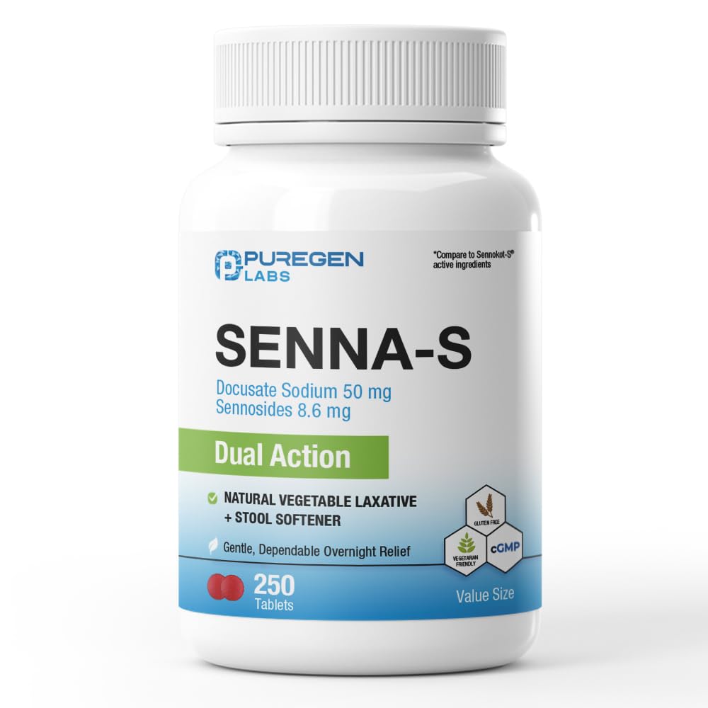 Puregen Labs Senna-S Natural Zeleninové Laxatívum Plus Stool Zmäkčovač Dual Action - 250 Tablety Senna Plus 