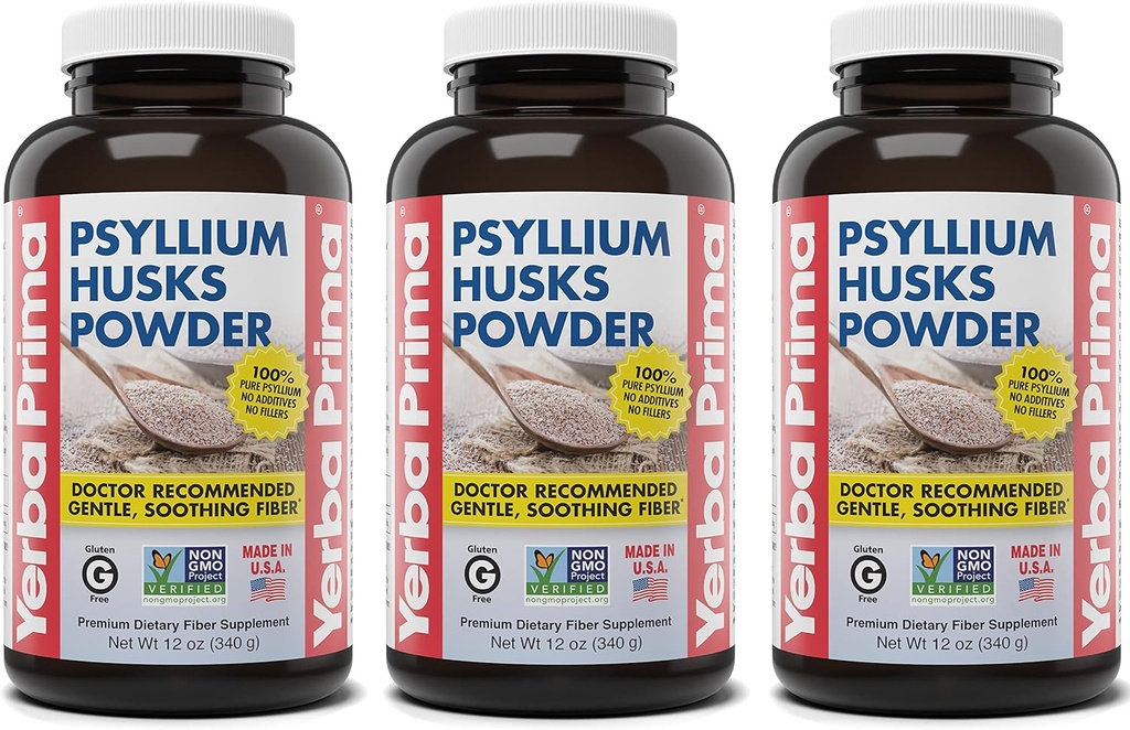 Yerba Prima Psyllium Husks Powder - 12 oz (Pack of 3) - Natural Fiber Supplement - Colon Cleaning - Vegan, Non-GMO, Gluten-Free (Nová značka - Balenie Máj Vary)