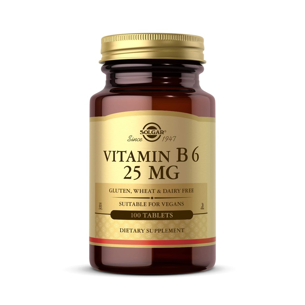 Solgar Vitamín B6 25 mg, 100 tabliet - Podporuje metabolizmus energie, zdravie srdca a zdravý nervový systém - B Complex Supplement - Vegan, Gluten Free, Dairy Free, Kosher - 100 porcií