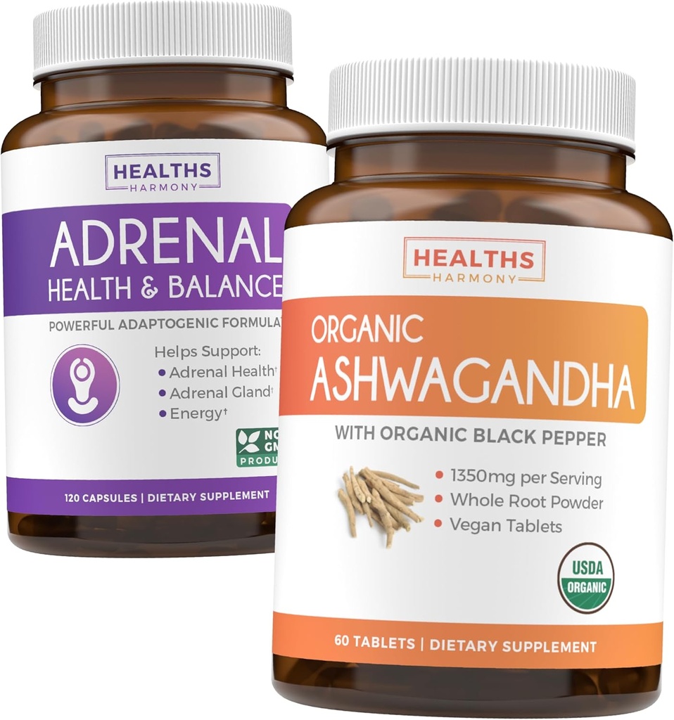 Adrenal & Ashwagandha (1-Month Supply) Calm & Energize Bundle - Adrenal Support with L-Tyrosine (120 Kapsule) & USDA Organic Ashwagandha 1350mg Ashwagandha Root Powder per Serve (60 Kapsule)