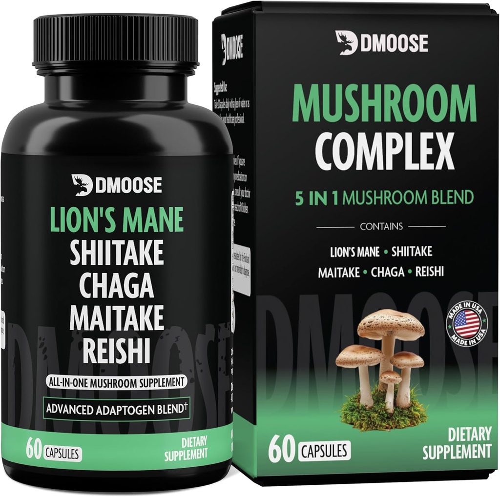 Lions Mane Mushroom Complex - 5300 mg Adaptogénny zmes pre pamäť, zameranie a imunitnú podporu - 5 v 1 Lionsmane, Chaga, Maitake, Shiitake a Reishi extrakt, Nootropic Mushroom Supplement Kapsule