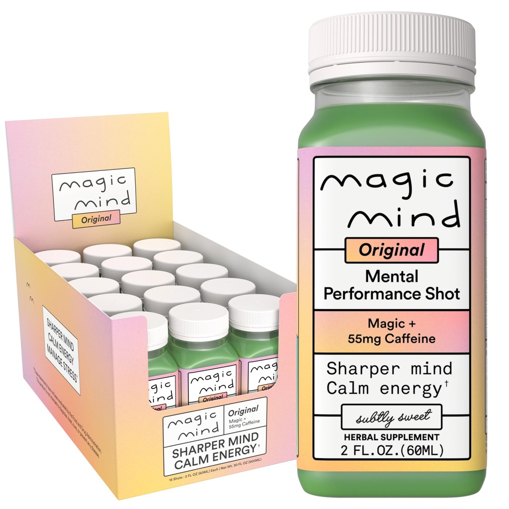 Magic Mind Energy and Focus Drink Shots - Uľavenie od stresu, žiadne nervy, Ashwagandha, vitamín B12, vitamín C, matcha zelený čaj, funkčné huby - 2 FL Oz (15 balenie)