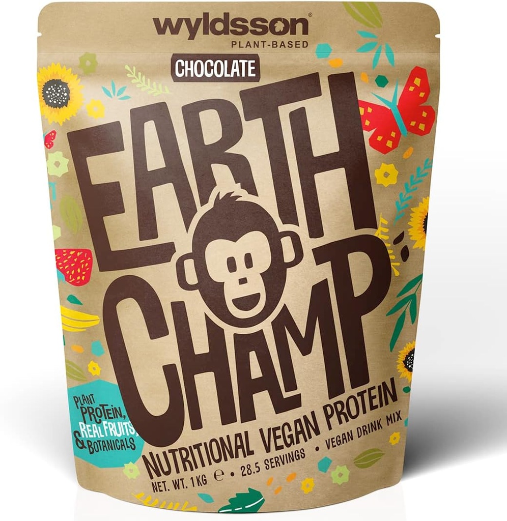 Vegan Protein Powders (1kg) - 28 Servírovanie - EarthChamp by Wyldsson - Plant Based Čokoládový Protein Powder Shake - Mliečne bez laktózy (Choc)