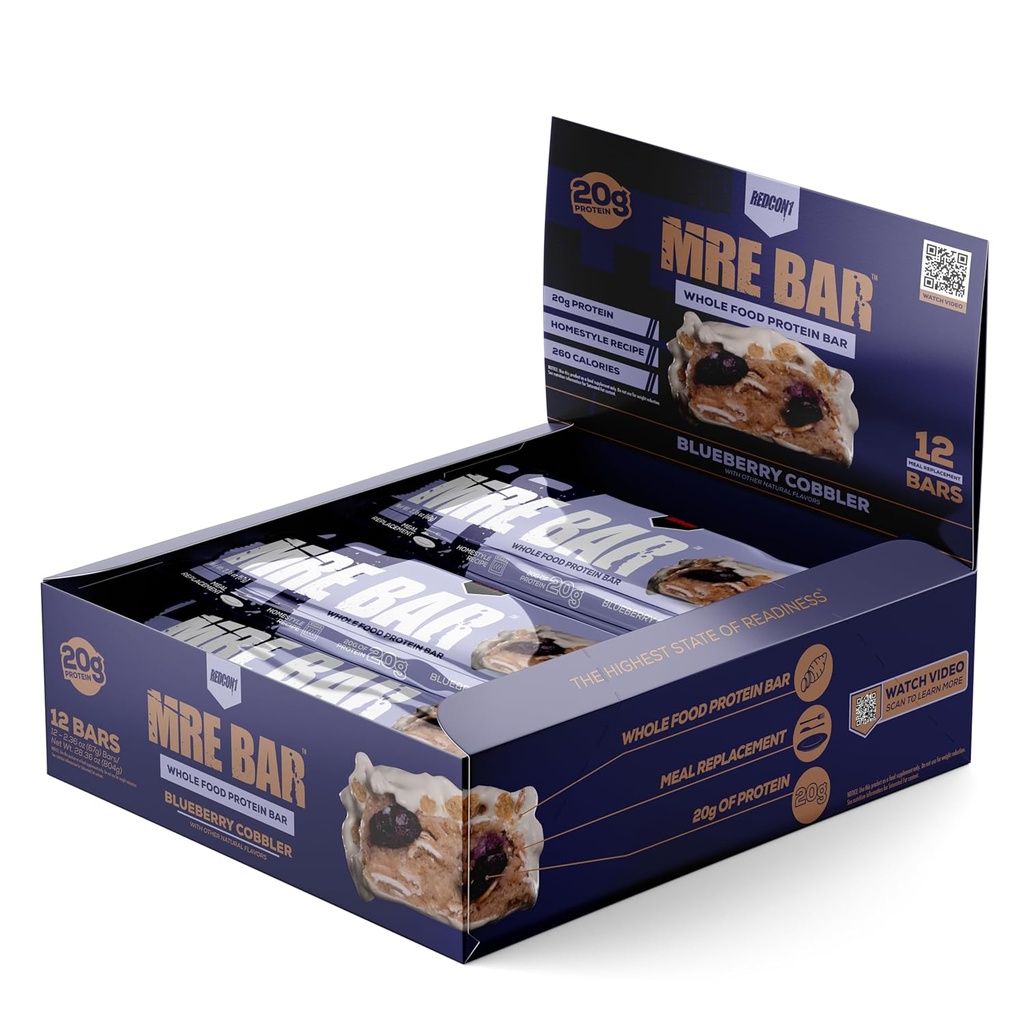 REDCON1 MRE Protein Bar, Čučoriedkový Cobbler - Obsahuje MCT olej + 20g celých potravinových bielkovín - Ľahko odstrániteľné, Makro Balanced Nízkocukrové náhradky Bar (12 Bary)