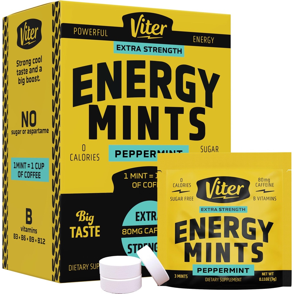 Viter Energy Kofeínové mäty 80mg Extra sila - 90 kusov kofeínu s vitamínmi B. Cukor bez vegánskej dychovej mincovne. Energizujte Nootropný Focus Booster pre rýchlu výstražnosť (Peppermint Flavor, 30 balenie)