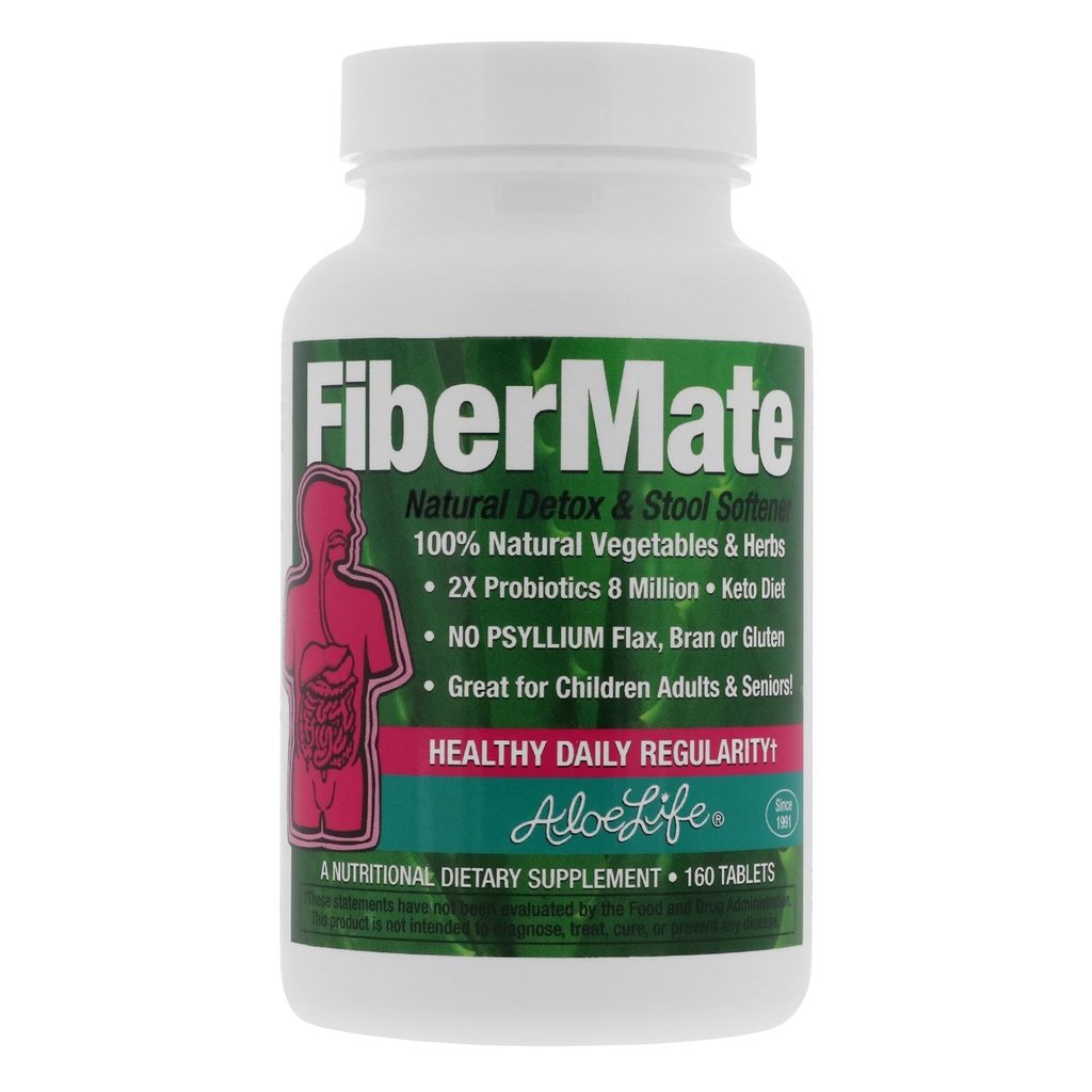 Aloe Life - FiberMate Tablety, Body Detox & Stool Zmäkčovač, Zelenina a bylinky, Jemná nepravidelnosť Relief, Bezpečná podpora trávenia, Bez Psyllium alebo Bran, Gluten- & Dairy-free (160 tabliet)