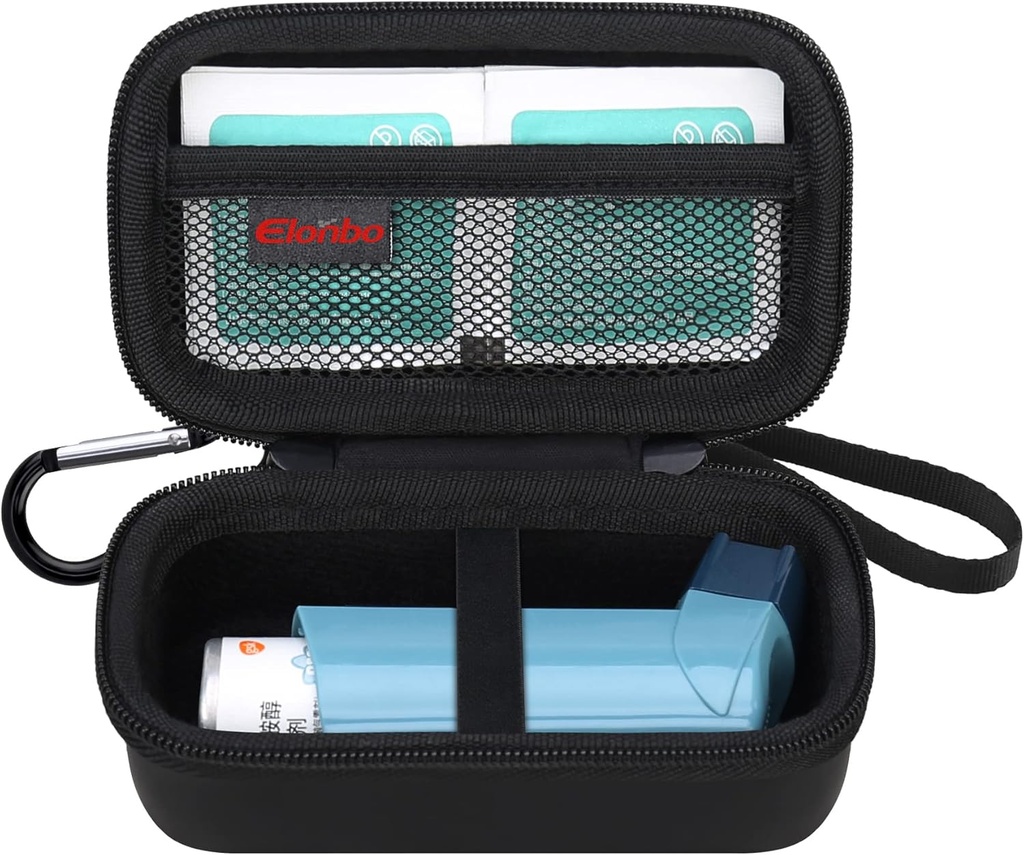 Elonbo Astma Inhaler Nosič kufrík, Travel Organizujte držiak tašky pre Ventolin Inhaler, Extra Interior Mesh Pocket Výstižné Astma Mediction, Black+Inside Black (CASE LEN! Inhalátor Lieky nezahrnuté)