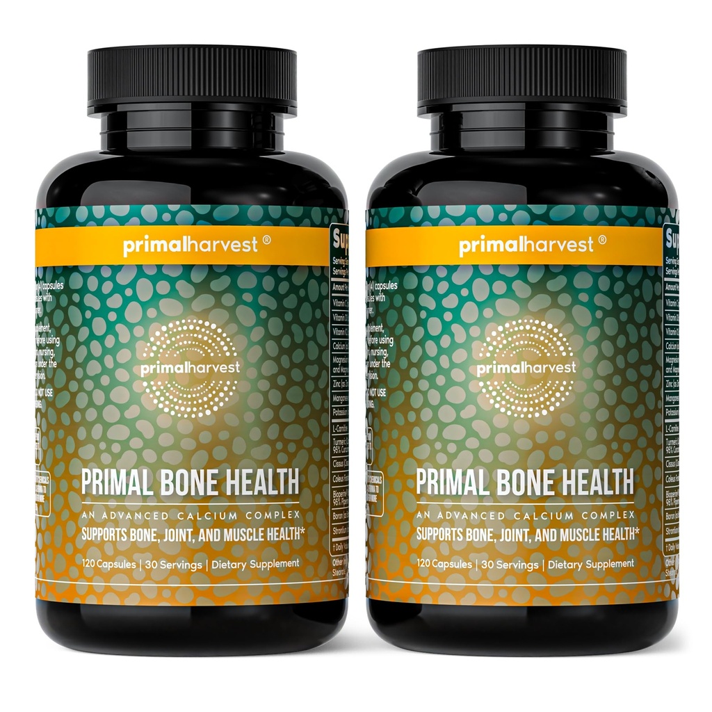 Primal Harvest 2 Balenie, Primal Bone Health Carbonate Bone Health Complex pre mužov a ženy s vápnikom, horčíkom, zinkom, mangánom, draslíkom a L-karnitín (240 kapsúl)