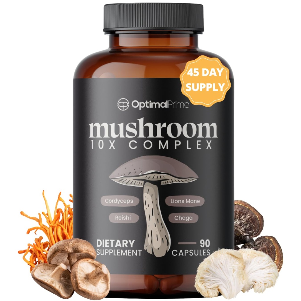 Optimálny Prime 10x Mušroom Complex Supplement - Lions Mane, Cordyceps, Turkey chvost pre imunitu, Energia, Mood, Focus - Natural Health Booster, 90 Caps