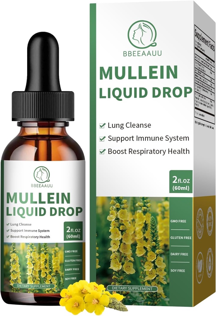 (2 balenia) Mullein kvapky pre Pľúca, 16-v-1 Mullein Leaf Extract 800MG pre Pľúcne čistenie, Dýchacie, Imunita, s Quercetin, Marshmallow, Black Cumin Seed, plod, Non-GMO, 2 Fl Oz