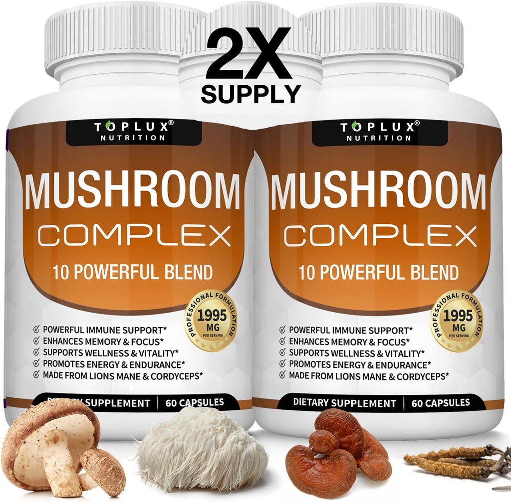 Toplux Huba Supplement Lions Mane & Cordyceps Reishi Chaga 10 Organic Mushroom Blend na podporu imunitného systému, pamäte, zaostrenie a zvýšenie energie, pre mužov Ženy, 60 Kapsule