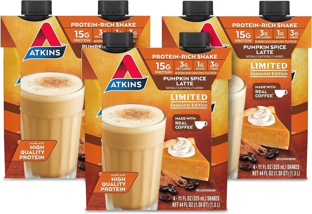 Atkins Pumpkin Spice Latte, 15g Protein, 3g Net Carbs, 1g Sugar, Low Glycemic, Keto Friendly, 12