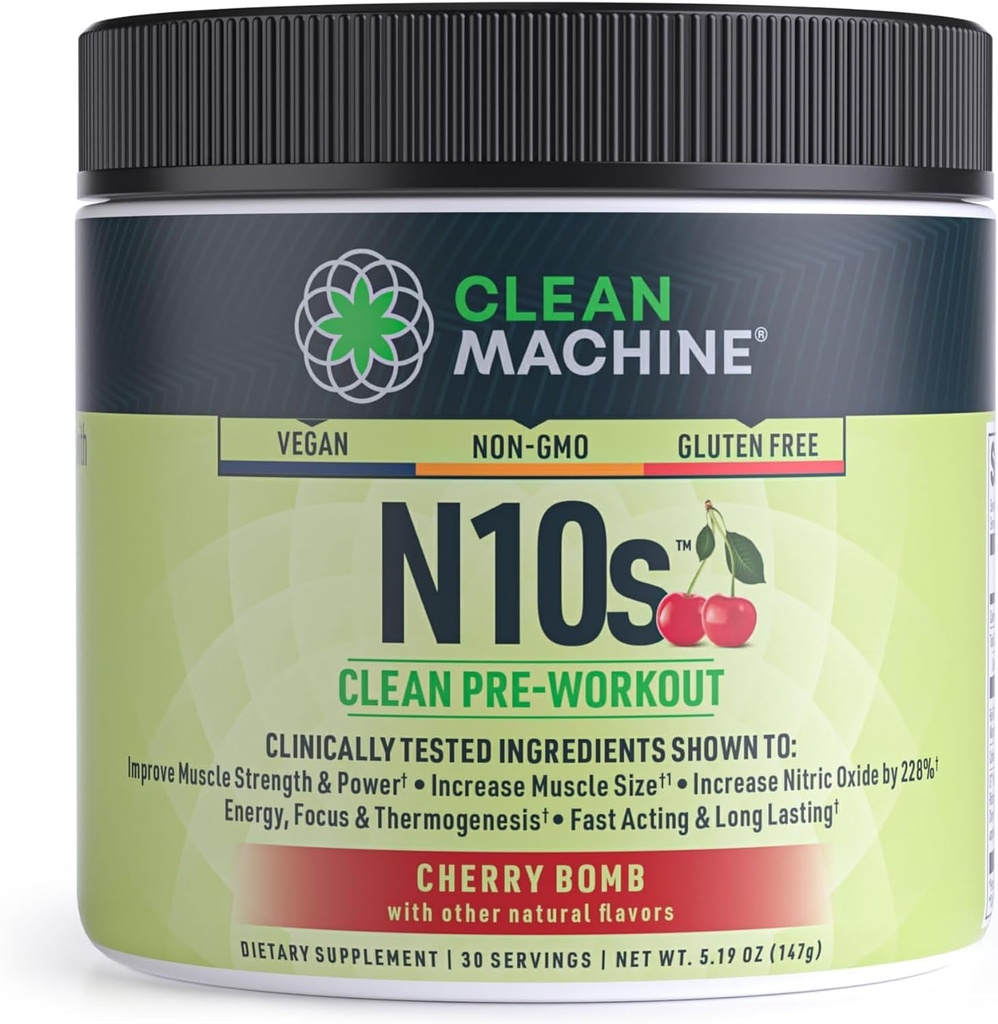 CLEAN MACHINE N10s Rastlinné-založené pred tréningu prášok - Vegan Energy Supplement with 3 Clinically tested Patented Ingredients for Muscle Size, Strength, Pumpa & Endurance - Non-GMO, 30 Servings