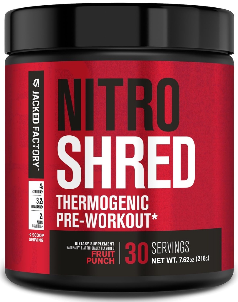 Jacked Factory NITROSURGE Shred pred tréningu doplnok - Energy Booster, Instant Strength Zisky, Sharp Focus, Výkonné čerpadlá - Posilňovač oxidu dusnatého a preWorkout prášok - 30Sv, Ovocie Punch