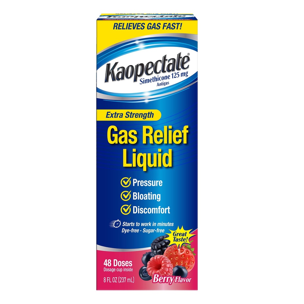 Kaopectate Extra sila Relief plynu kvapaliny, zmiešané Berry Flavor, Relies Gas, Bloating and Pressure, Simeticone 125 mg, 8 oz