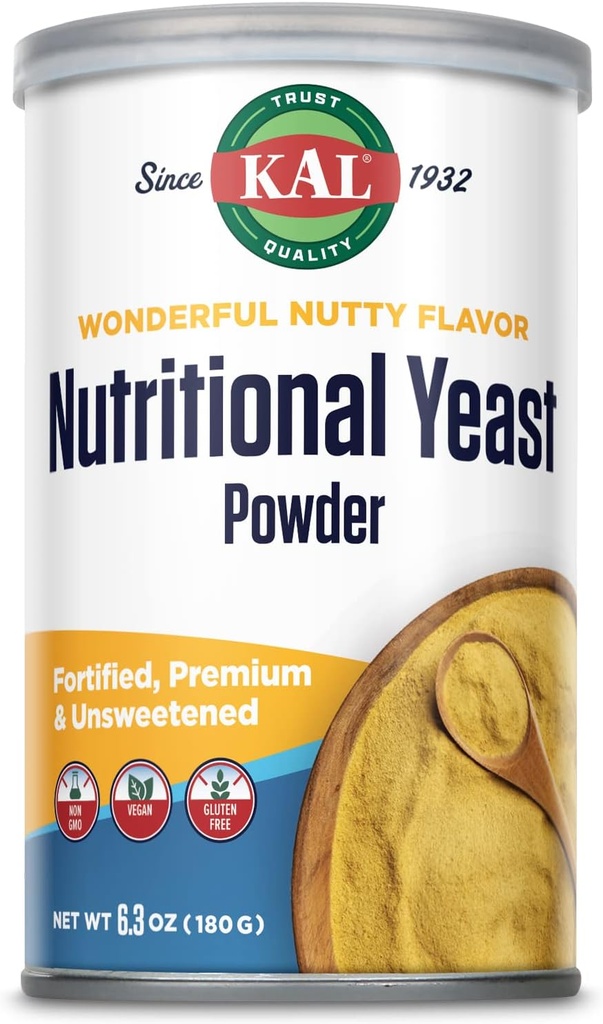 KAL Nutritional kvasinkový prášok, obohatený B6, B12, kyselina listová a iné B vitamíny, Premium a nesladené, Veľká Nutty Flavor, Vegan, Gluten bez, Non-GMO, 60-dňová záruka, 20 Servings, 6.3oz