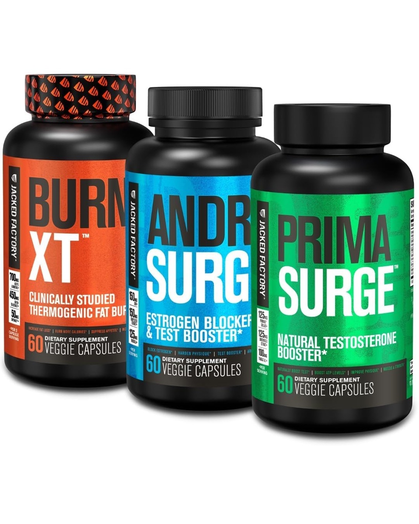 Jacked Factory Androsurge Estrogen Blocker pre mužov + Primasurge Testosterón Booster pre mužov + Burn XT Burn-XT Thermogenic Fat Burner - Apetite Supressant pre chudnutie