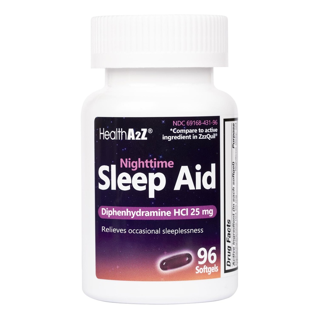 HealthA2Z Sleep Aid, Diphenhydramine HCl 25mg Softgels, Podpora prehlbšie, Restful Sleeping, Non Habit-Forming (96 Softgels)