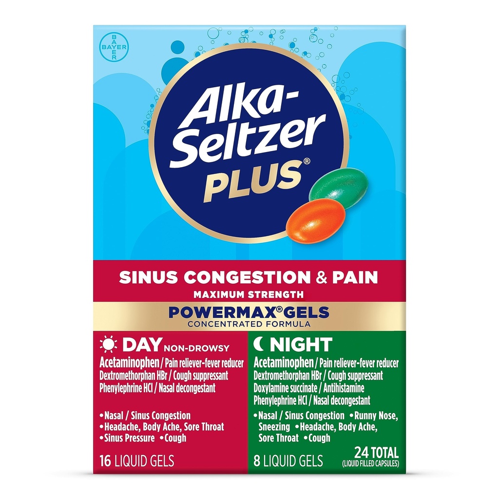 Alka-Seltzer Plus Maximálna sila PowerMax Sinus Congestion & Pain Medicine, Day + Night Liquid Gels - Výkonná úľava pre chlad a chrípku, + Sinus Congestion pre dospelých a deti 12+ Roky, počet 24