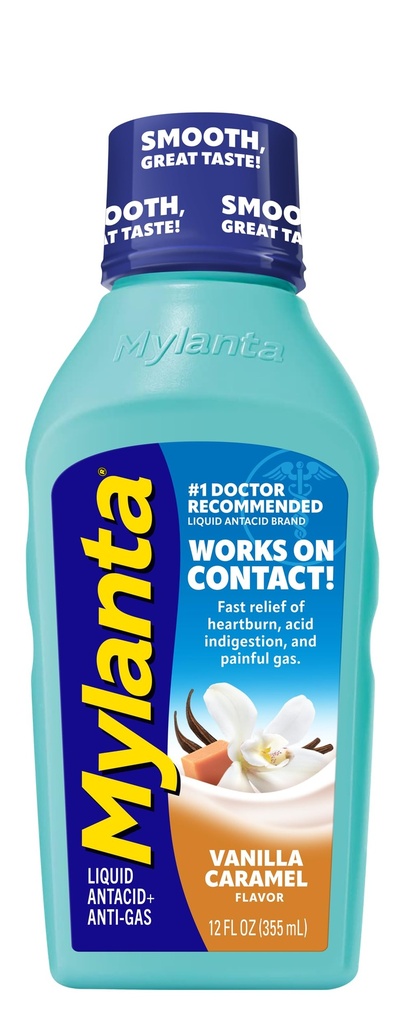 Mylanta Úľava od pálenia záhy a plynu, tekutý antacidum, Vanilla Caramel Flavor, 12 Fluid Ounce