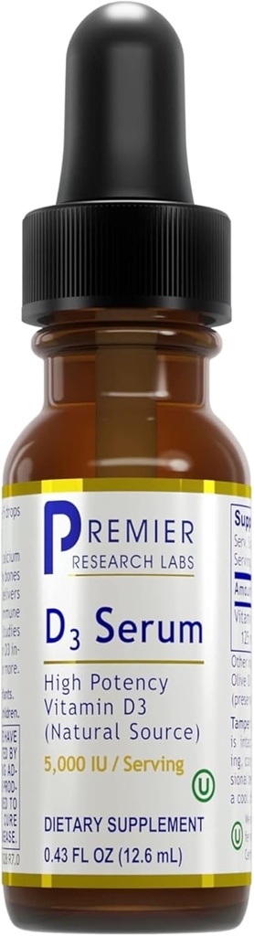 Premier Research Labs Vitamín D3 Serum - Tekuté kvapky vitamínu D pre dospelých, Tekutý vitamín D3 5000 IU, Sublingválna Vit D3 Tekutá - 0,43 fl oz