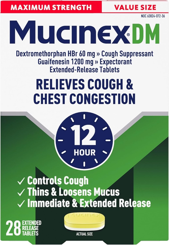 Mucinex Kašeľ Potláča a očakávajúci, DM Maximum Strength 12 Hour Tablets, 28ct, 1200 mg Guaifenesin, Relives Chest Congestion, Tichý mokrý a suchý Kašeľ, # 1 Lekár odporúča OTC Explorant