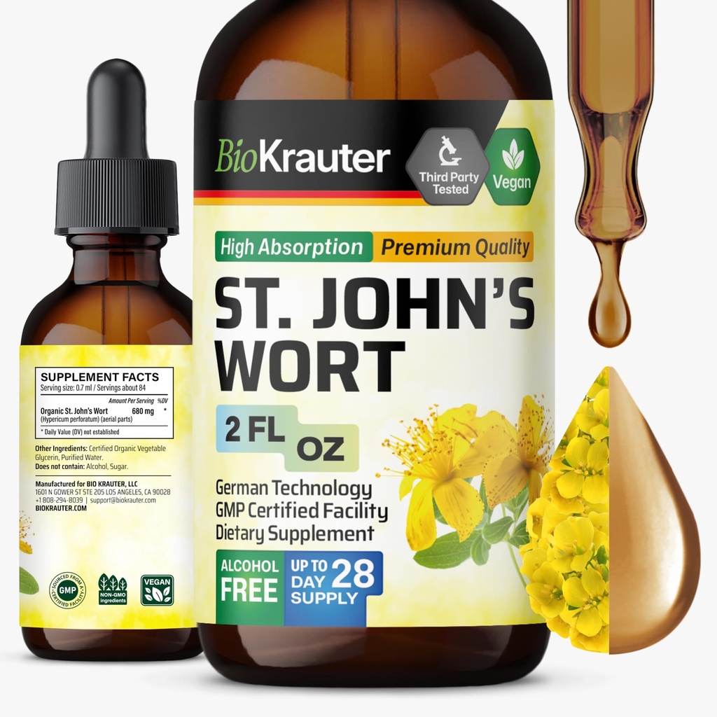 BIO KRAUTER ľubovník bodkovaný Tinktúra - Hypericum Perforatum tekutý extrakt na podporu nálady - vysoká absorpcia - Vegan kvapky 2 Fl.Oz.