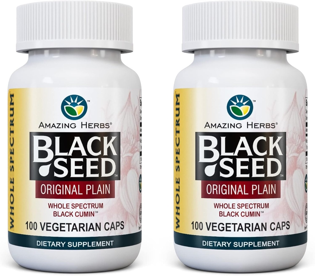 Úžasné byliny celé spektrum Black Seed Original Plain, Vegetariánske kapsule - bez lepku, Non GMO, Cold Pressed Nigella Sativa Aids in Digestive Health - 100 Count, 475mg (2-Pack)
