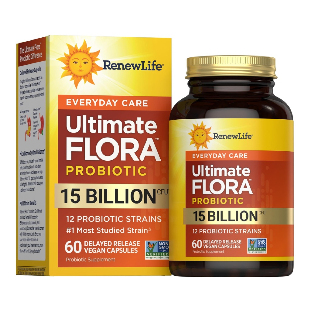 Renew Life Everyday Probiotic Capsules, Daily Supplement Supports Urinary, Digestive and Immune Health, L. Rhamnosus GG, Dairy, Soy and glutton-free, 15 miliárd CFU, 60